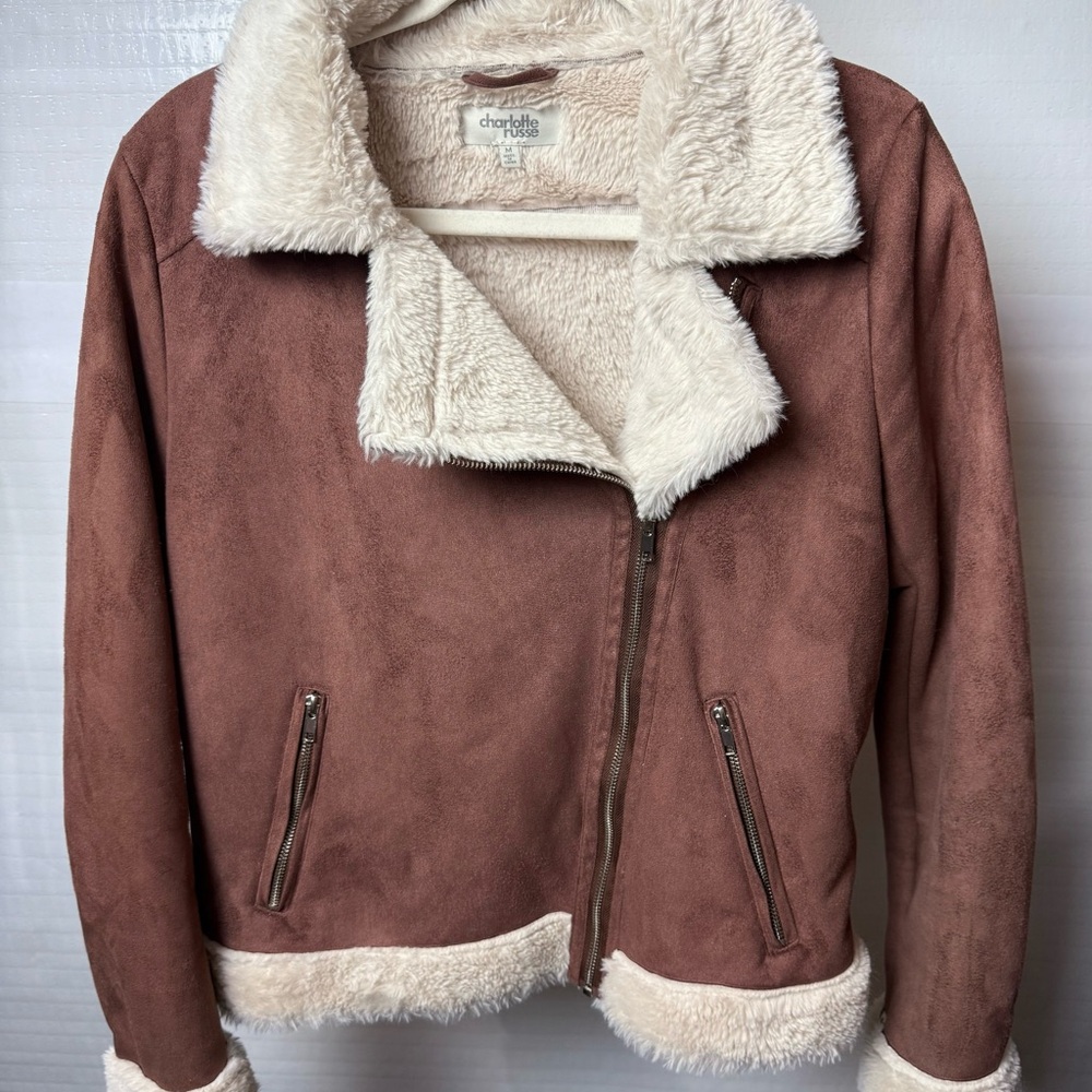 Charlotte Russe Women's Rose/Brown Teddy Jacket with Cream Accents